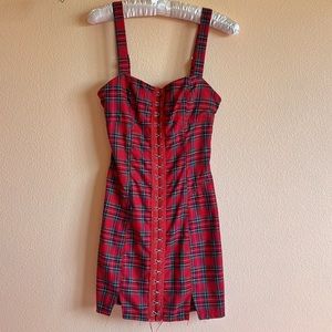 Red Plaid Hook and Eye Mini Dress Femme Grunge Distressed Unif Dolls Kill Style